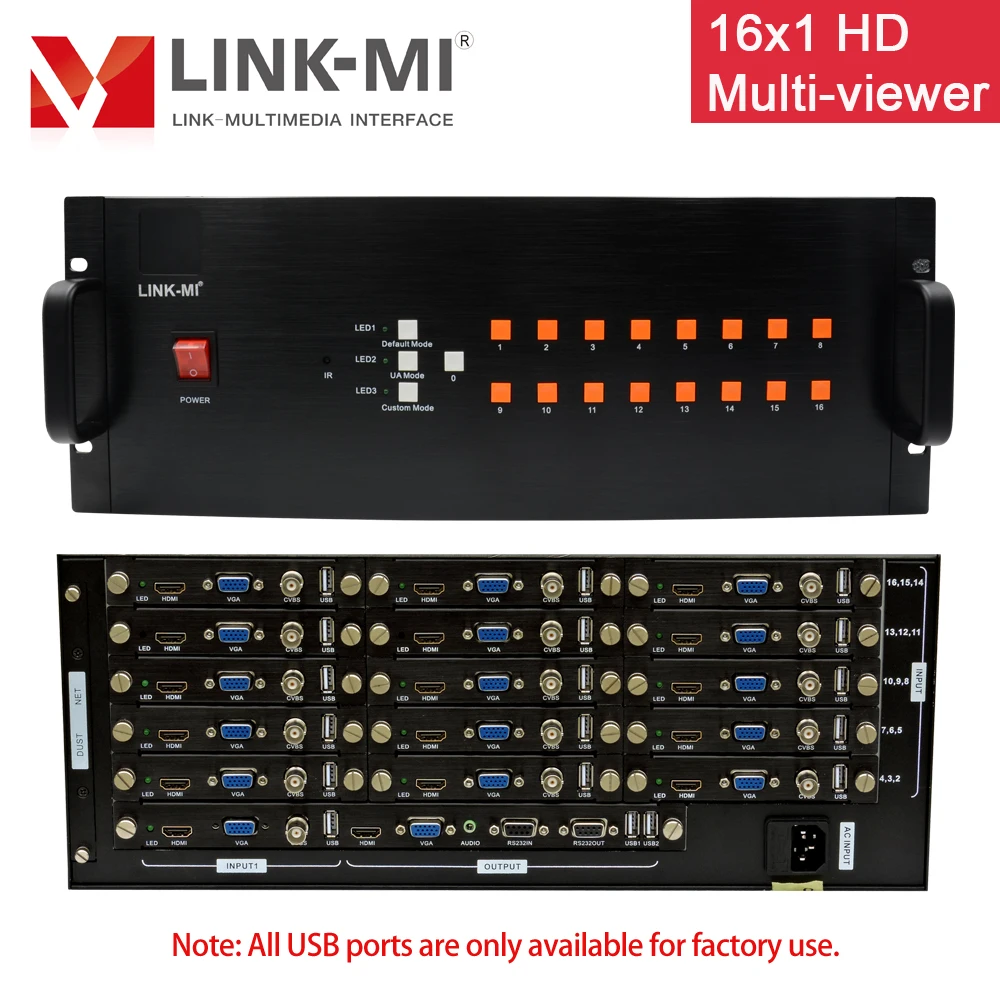 Monitor com 10 canais, sintético de vídeo hd 16x1, hdmi, vga, bnc, sinal cvbs, controle remoto rs232 1920x1080p