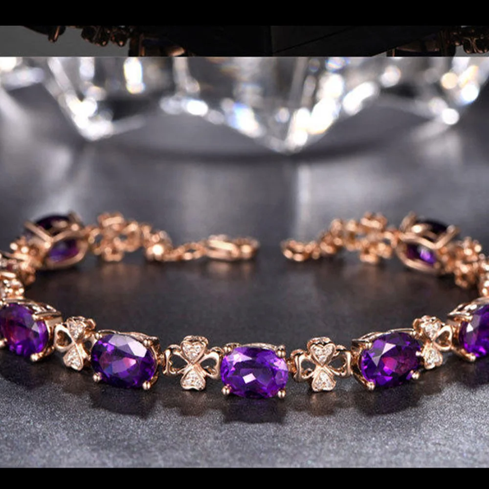 Natural Amethyst Gemstone Bracelet 18K Rose Gold Jewelry Pulseras De Feminina Bizuteria Bracelet for Women Bracelet Box Girls