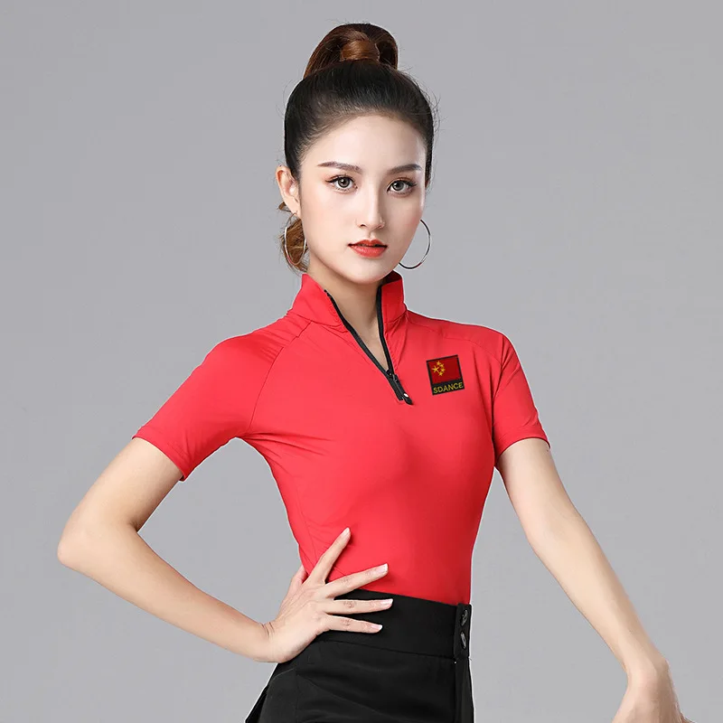 Women Summer Short-sleeved Zipper Fashion Latin Dance New Modern Dance Clothes Practice Clothes High Neck Ballroom Dance Clothes