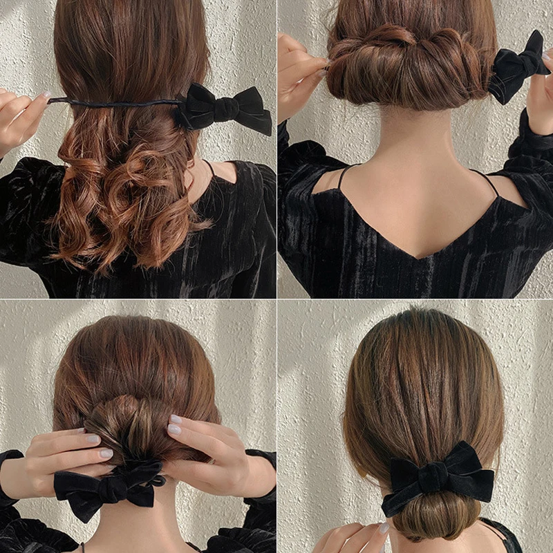 1Pc New Fashion Deft Bun Maker Vintage Black Red Velvet Bow Women Hair Styling Headband Braid Hair Twist DIY Hair Accessories