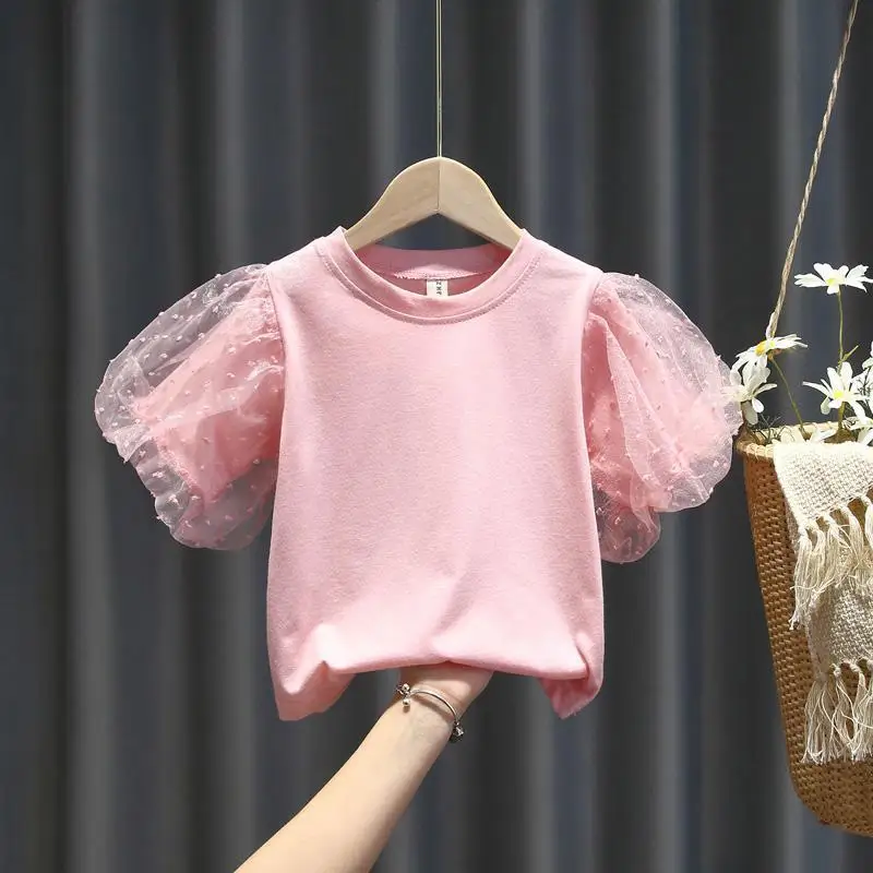 Fashion Summer Baby Girl Cotton T-Shirt Puff Sleeve Toddler Girl Pincess Lace Shirt Short Sleeve Round Neck Tee Top Solid Blouse