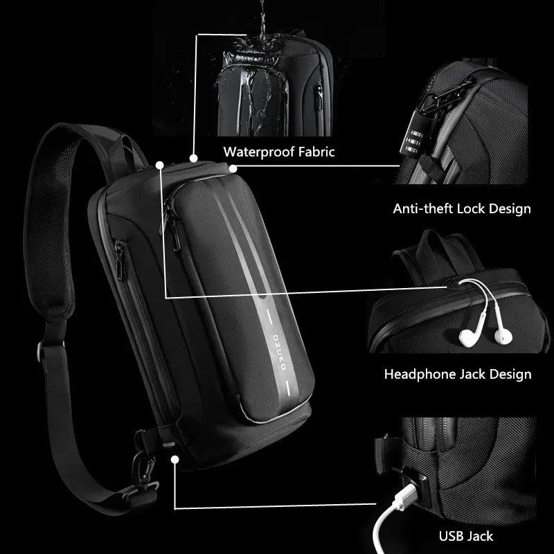 OZUKO Multifunction Men Chest Bag Anti-theft Male Sling Bags Waterproof Crossbody Messenger Bag USB Charging Outdoor Chest Pack