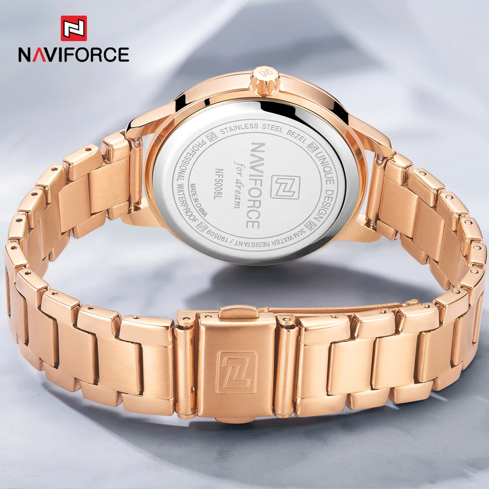 NAVIFORCE-relojes de cuarzo de oro rosa para mujer, pulsera femenina de marca superior, 5008