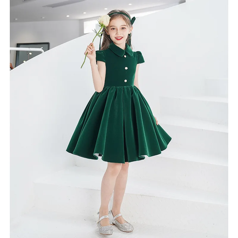 Summer Girls Velvet Green Long Skirt Kids Catwalk Birthday Party Dress Christmas Easter Piano Prom Show Host Evening Dress