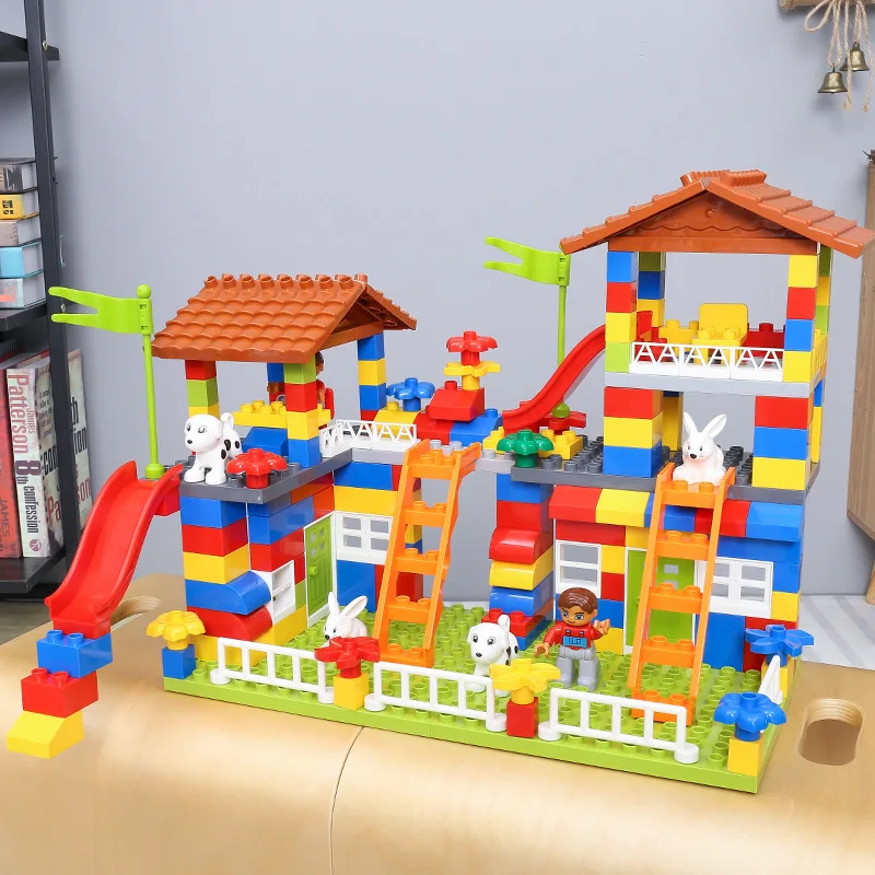 City House Roof Big Particle Building Blocks Castle Marble Race Run Slide Blocks Compatible Duploed Toys For Children