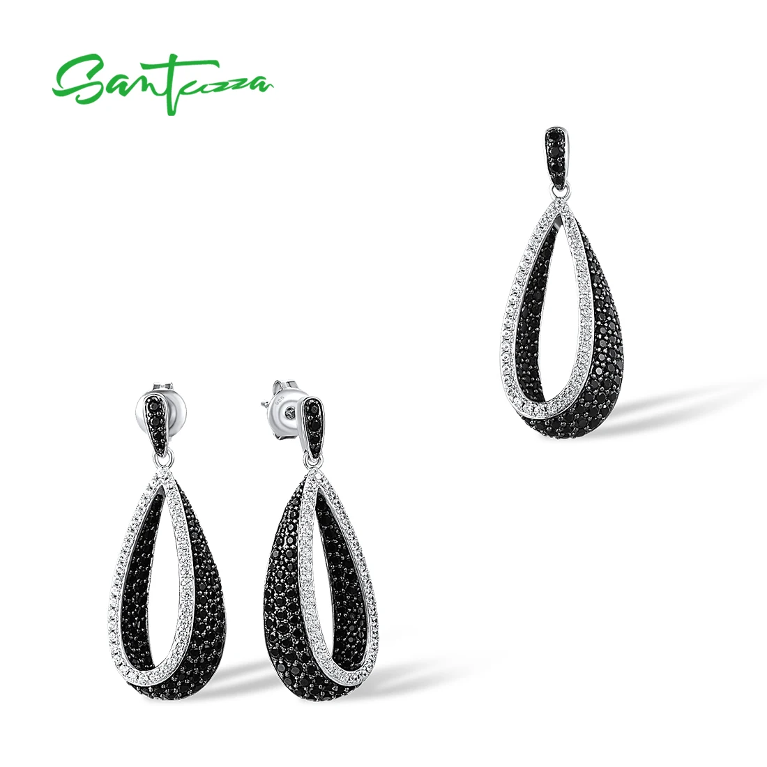 

SANTUZZA Genuine 925 Sterling Silver Jewelry Set For Women Black Spinel White CZ Drop Shape Earrings Pendant Set Fine Jewelry