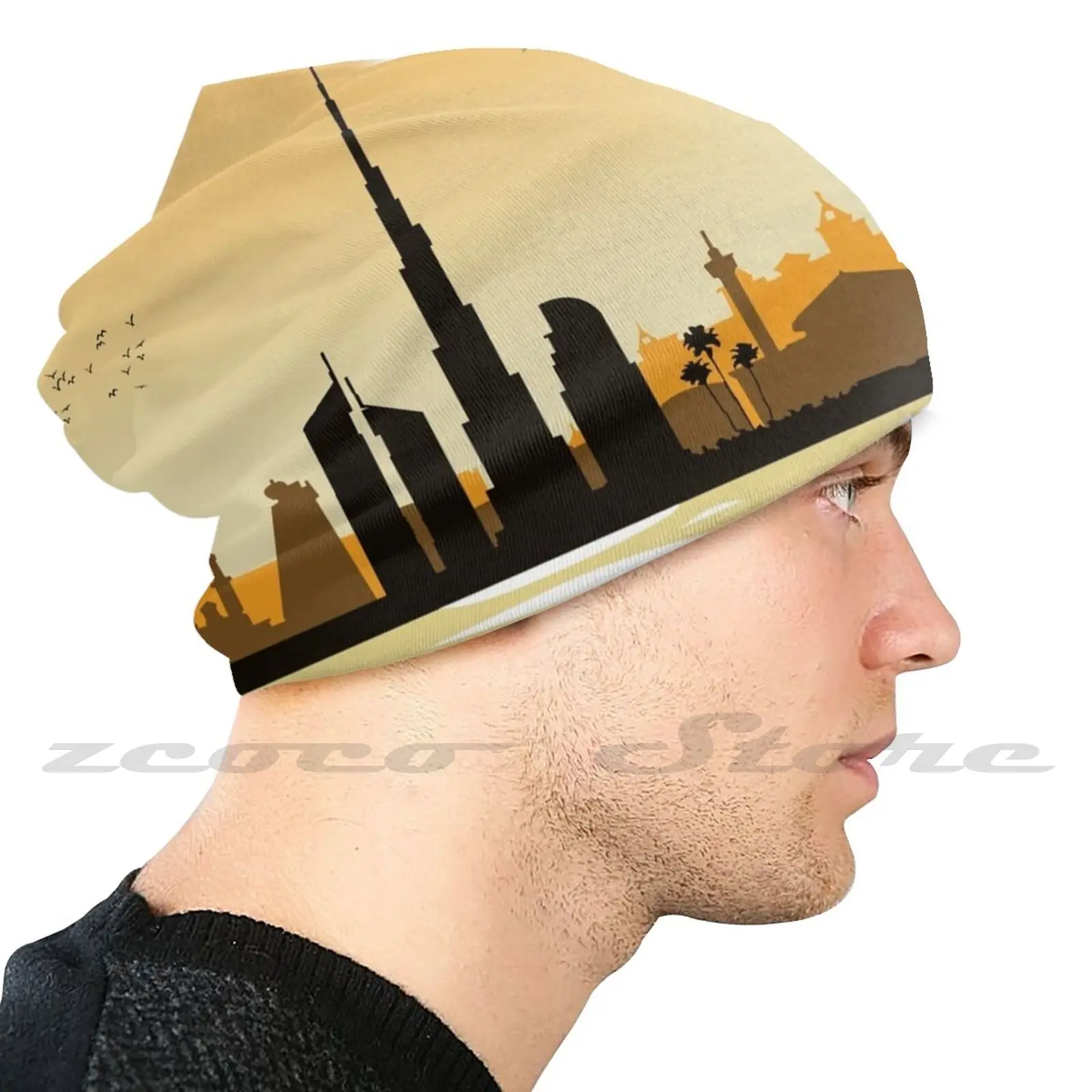 Dubai Skyline Silhouette Artwork Knit Hat Elastic Soft Personalized Pattern Present Cap Dubai Skyline Silhouette Emirates City