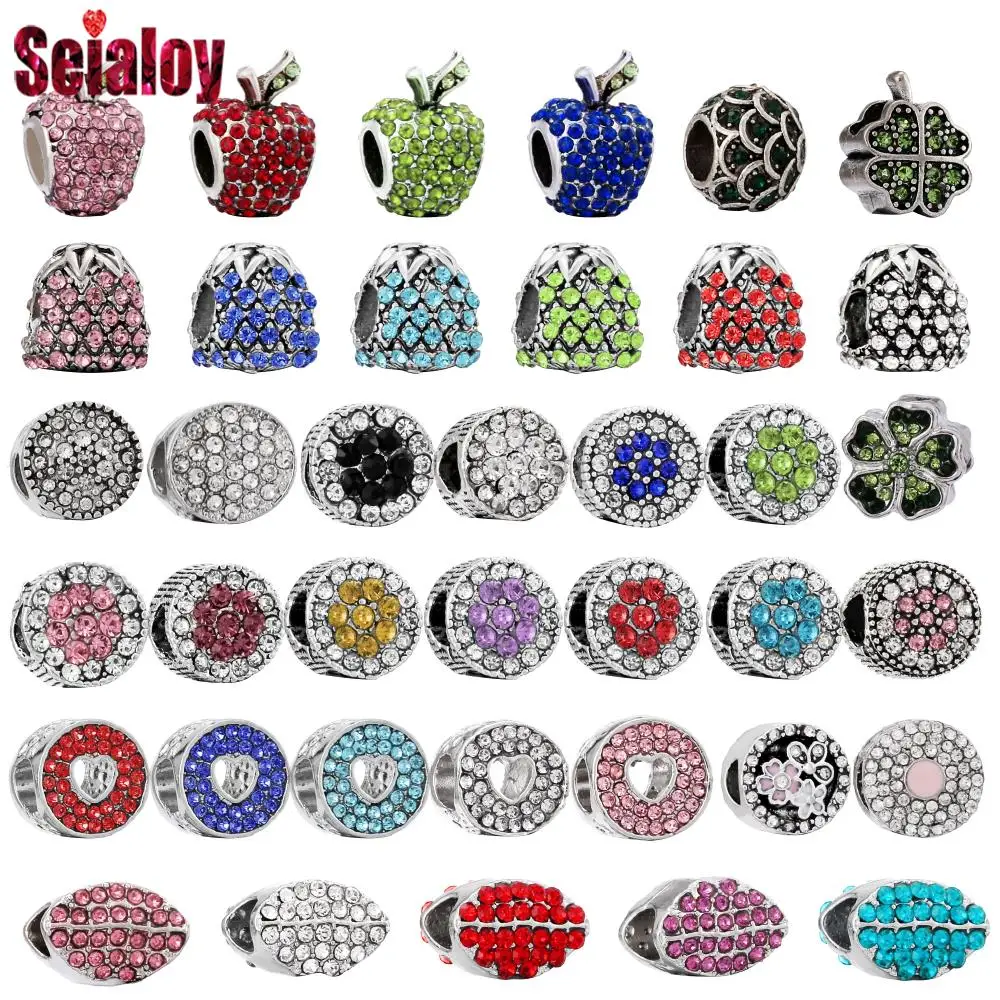 Seialoy Rhinestone Pineapple Beads Red Lips Heart Flower Silver Color Big Hole Beads Fit Diy Bracelets Jewelry Making