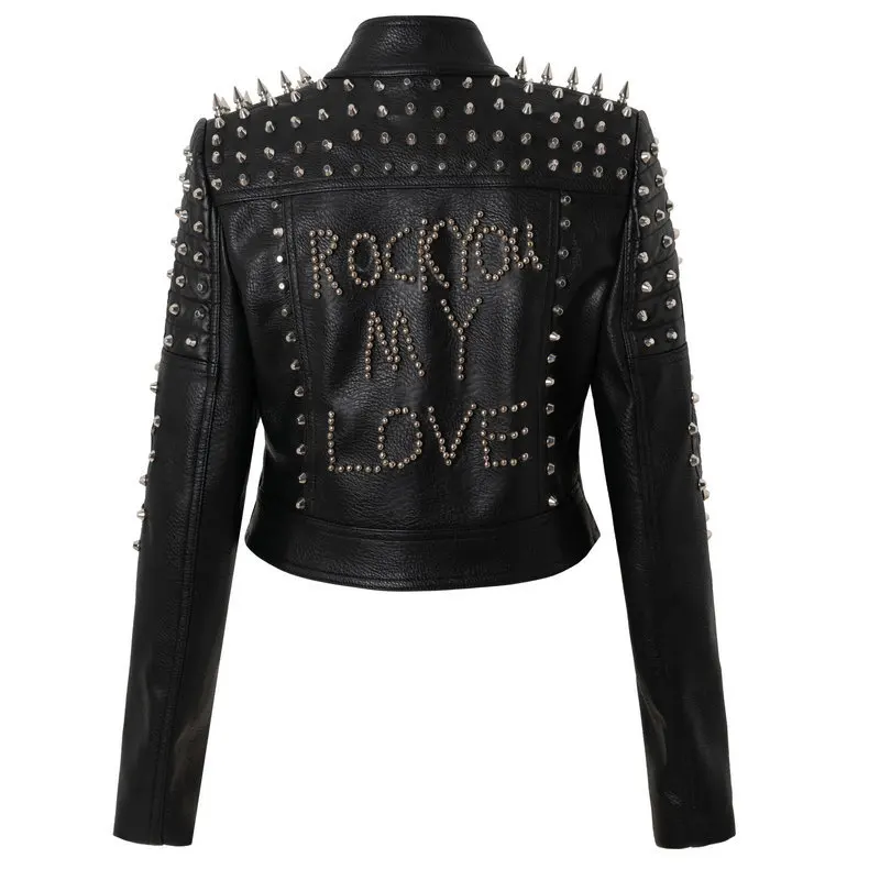 Spring New Stand Collar Rivet Short Slim Locomotive Leather Jacket Women Cool Girl Fashion Long Sleeve Rock Punk Style Jacket