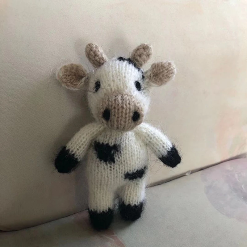 Knitted Cow Toy Newborn Photography props Baby Girl Animal Angora Cow Hat Toy Set Infant Toddler Animal Bonnet Toy Photo Shoot