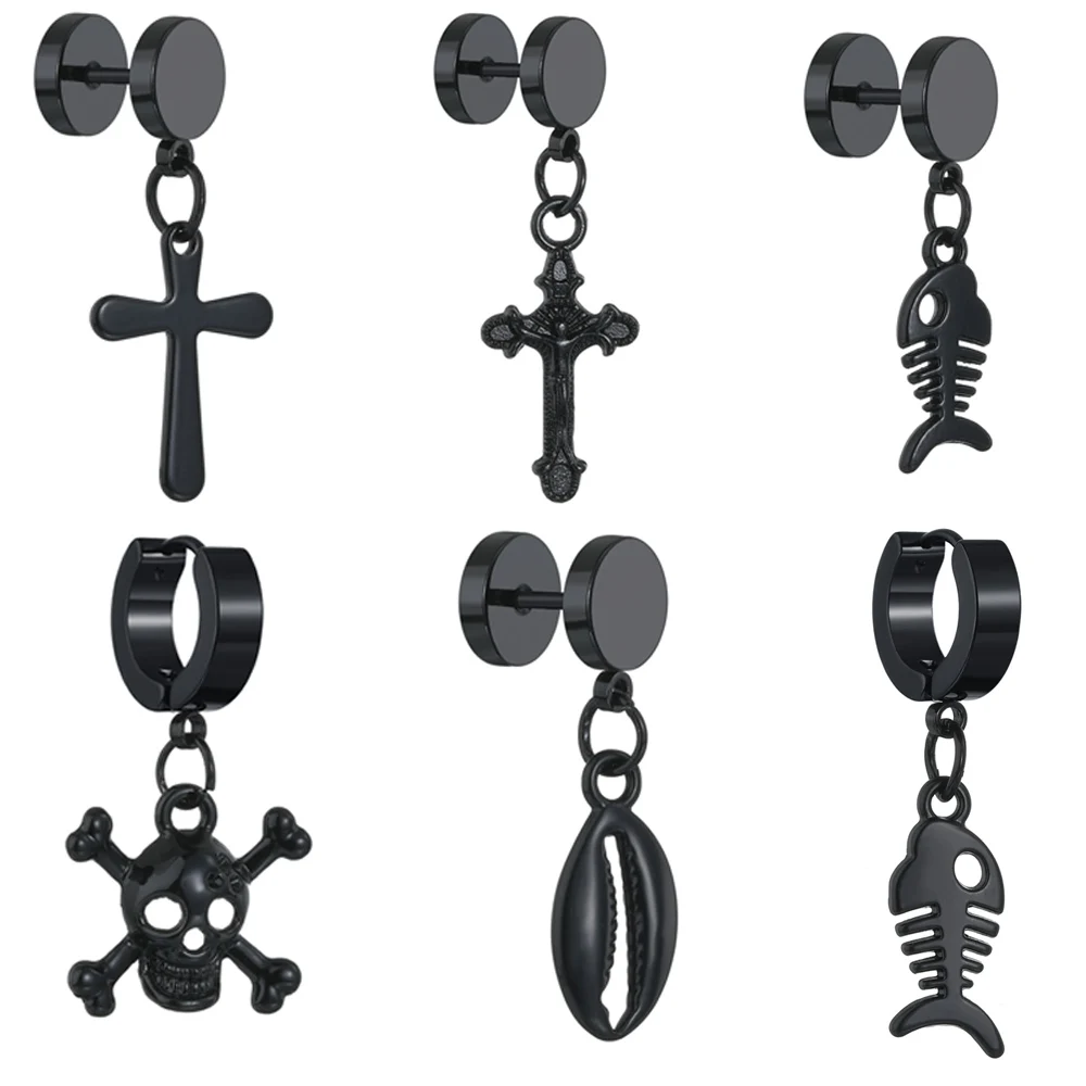 1pc Black Fish/Cross/Skull Stainless Steel Stud Earring for Men Women Guys Jewelry Rock Hip Hop Punk Ear Clip Unisex