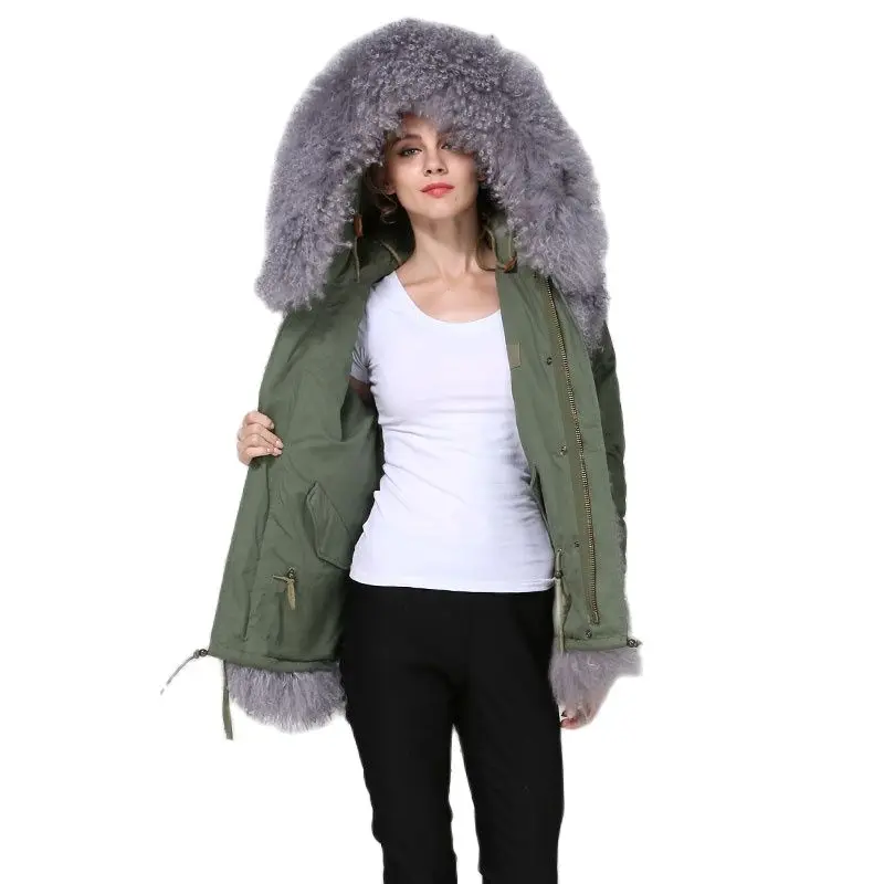 

Grey Mongolia Sheep Fur For Ladies Wear, Short Real Lamb Fur For Women Army Green Parka Hoodies Wear,Fully Luxury Beach Wool