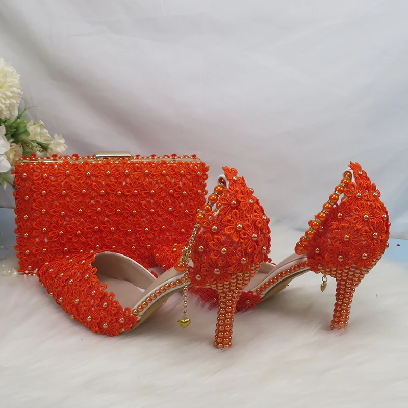 Orange Lace Flower Wedding Shoe And Bag Set Pearl Heels Pointed Toe Ankle Strap Ladies Party shoe with matching bag Lace-up