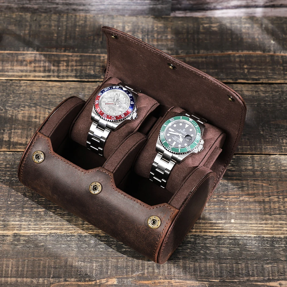 ติดต่อครอบครัว Retro 2ช่องใส่นาฬิกา Roll กระเป๋าเดินทางแบบพกพาหนังนาฬิกาจัดเก็บกล่องที่มี Slid In Out