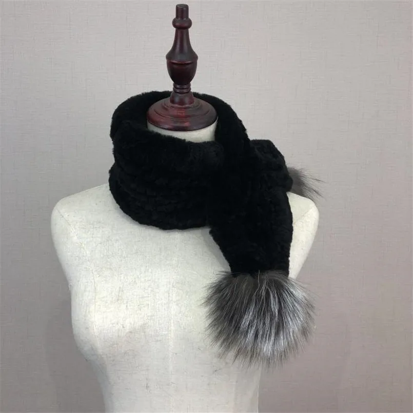 New Women Real Rex Rabbit Fur Scarf Winter Warm Lady 100% Natural Fur Pompom Muffler Knitted Wrap W2