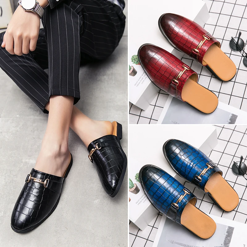 Summer Half Shoes For Men Leather Mules Men Semi-Drag Casual Shoes Backless Loafers Slippers Male Slides Slip On Flats