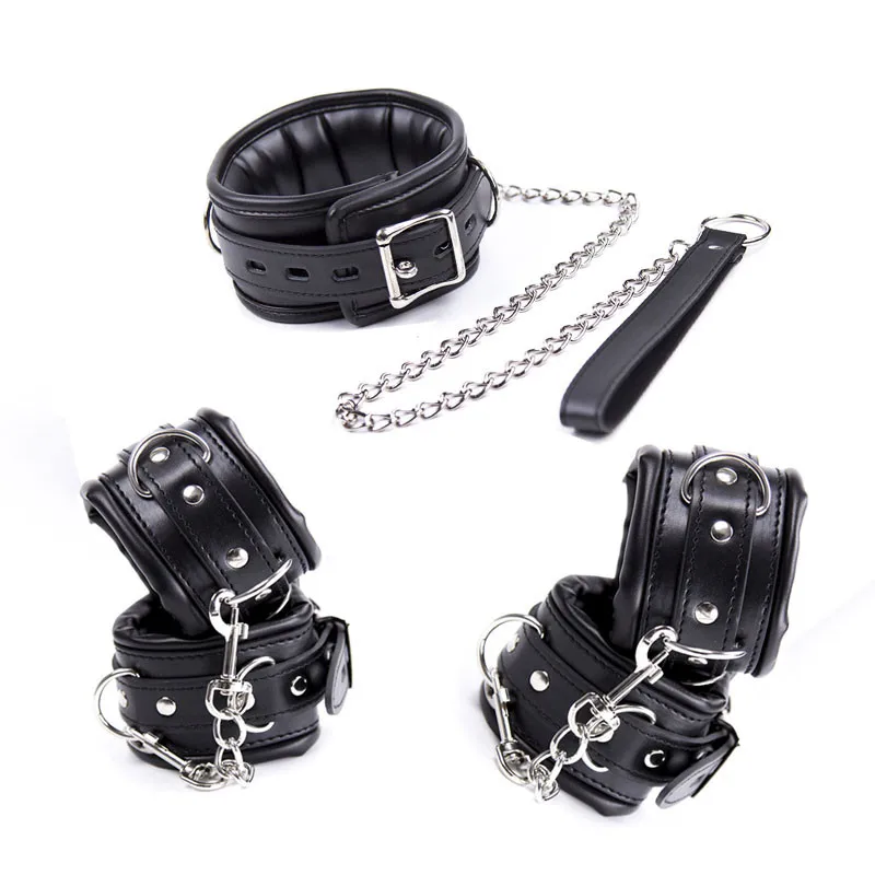 Esposas sexuales de esponja suave de Metal de cuero, puños y Collar de tobillo, conjunto de Bondage Bdsm, Juguetes sexuales para parejas, lencería erótica para mujer