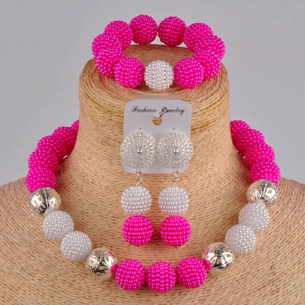 

Majalia Classic Fashion Nigerian Wedding African Jewelry Set Hot Pink and White Plastic Necklace Bridal Jewelry Sets