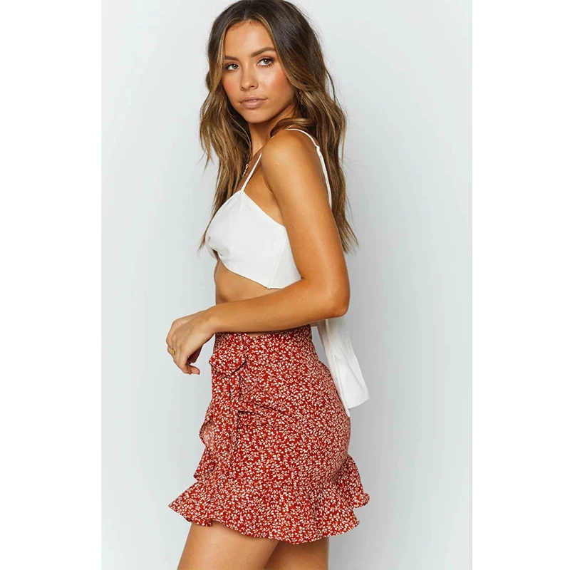 High-waist lace-up skirt European and American ruffled irregular print zipper skirt