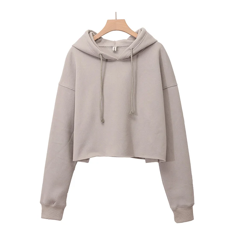 Solid Women\'s  Crop Hoodie Thin Long Sleeve Spring Autumn Ladies Streetwear Pullover Sweatshirt M30635