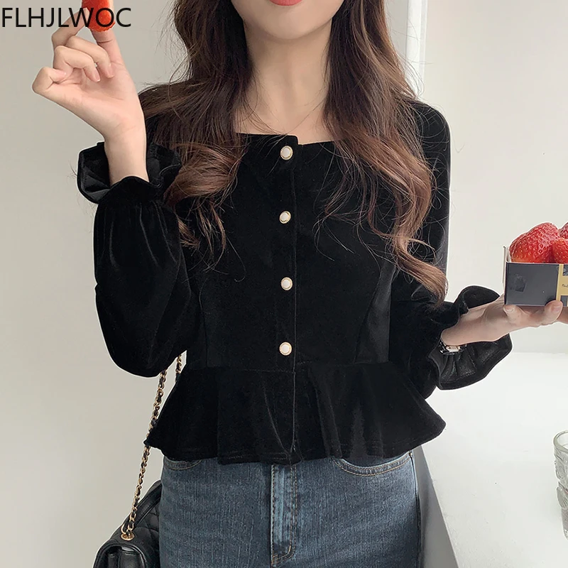 Black Chic Korea Cute Velvet Short Tops Blusas Women Long Sleeve Elegant Office Lady Winter Spring Button Basic Shirts Blouses