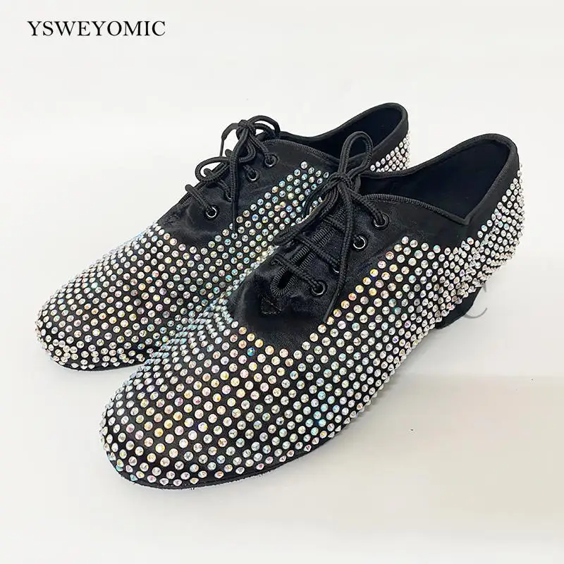 2021 Rhinestones Men\'s Latin Dance Shoes 4cm 2cm Customized Split Flexible Outsole Ballroom Salsa Dance Shoes For Men