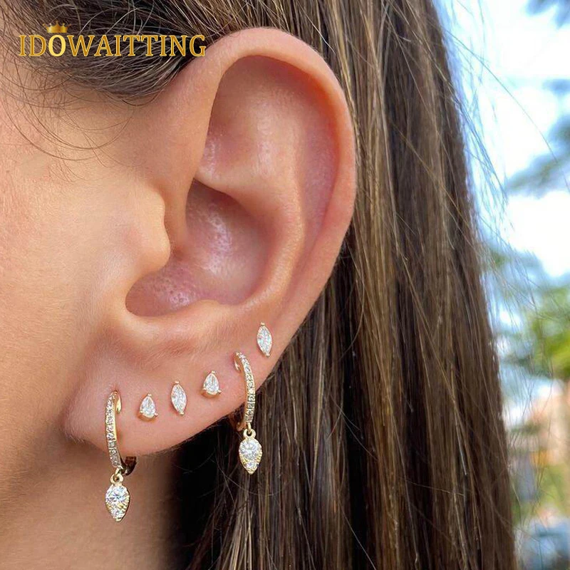 925 Sterling Silver Minimal Delicate Multi Piercing Mini Stud Tiny Single Clear CZ Paved Heart Square Teardrop Earring For Women