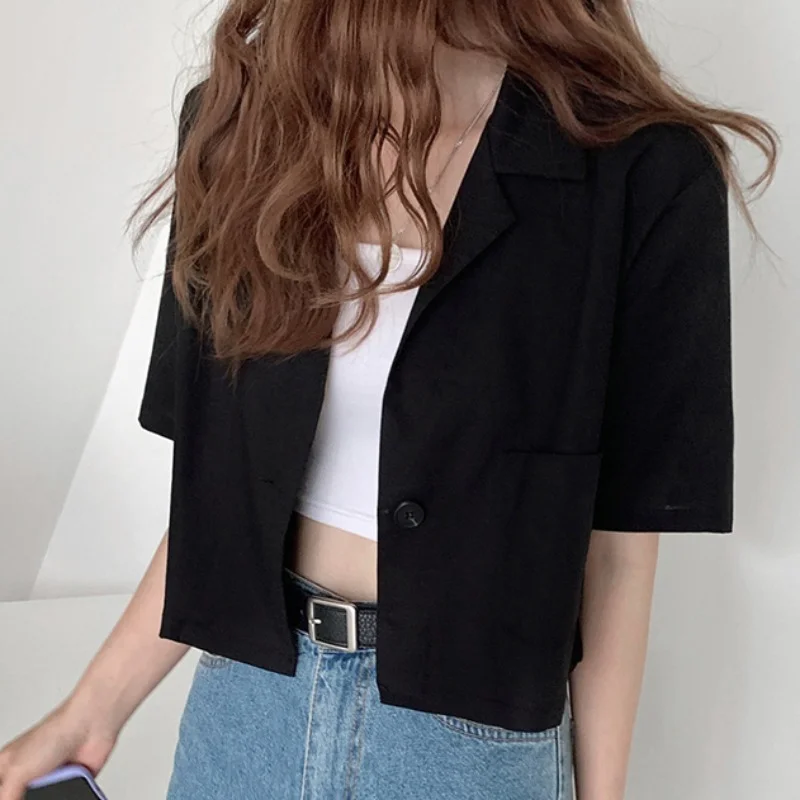 Blazer vintage a maniche corte da donna Solid Simple Office Lady Summer Crop Top Loose Chic Ins Stile coreano Temperamento tutto-fiammifero