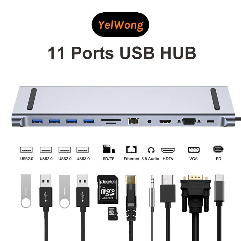 11-in-1 USB C HUB Type C Dock Splitter Multiport Adapter 4K HDMI RJ45 SD/TF VGA HDMI PD for MacBook iPad Laptop Accessorise