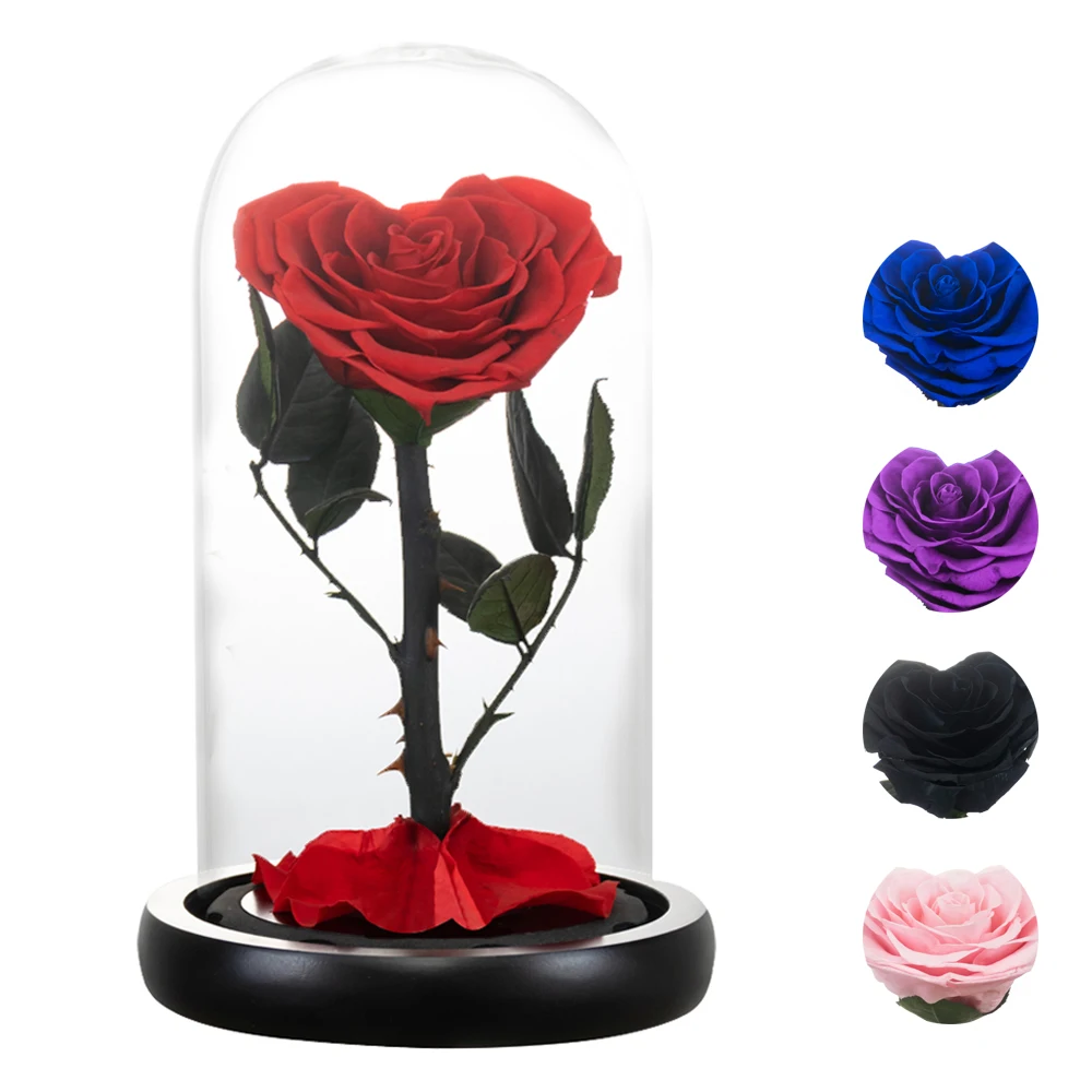 

Valentine Heart-Shaped Preserved Rose In Glass Dome Eternal Rose Flower Floral Wedding Birthday Mothers Day Gift Home Decor