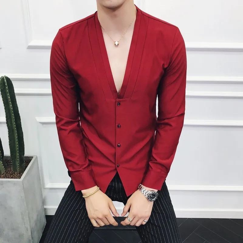 V Sexy Deep Collarless Shirt Autumn Long Sleeve Slim Fit Pleating Dress Shirt Camisa Masculina Wine Red Club Party Shirt