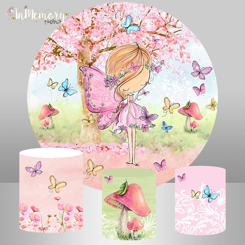 Girl Birthday Photography Round Backdrops Banners Watercolor Colorful Butterfly Fairy Circle Backgrounds Table Plinth Covers