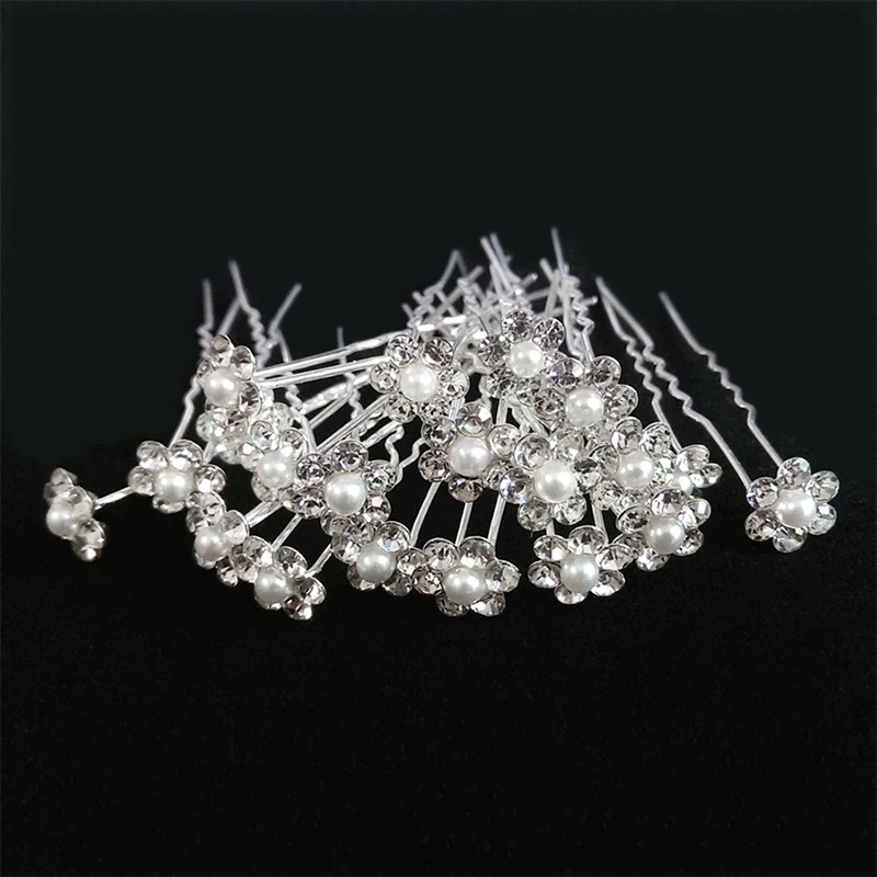 20pcs Women Hair Clips Flower Hairpin Stick Wedding Bridal Crystal Pearl Hairpins U Shaped Hair Clip Barrettes Hair Accessories