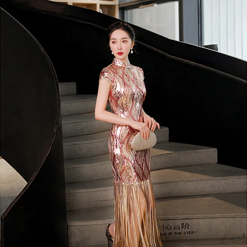 Lady Elegant Gold Sexy Rayon Cheongsam Sequins Tassel Qipao Mandarin Collar Chinese Dress Gown Vintage Evening Party Vestidos