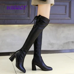 Soft Leather Over The Knee Boots Women High Heels Winter Boots Fashion Riband Black Women Boots Pointed Square Heel Female Shoes