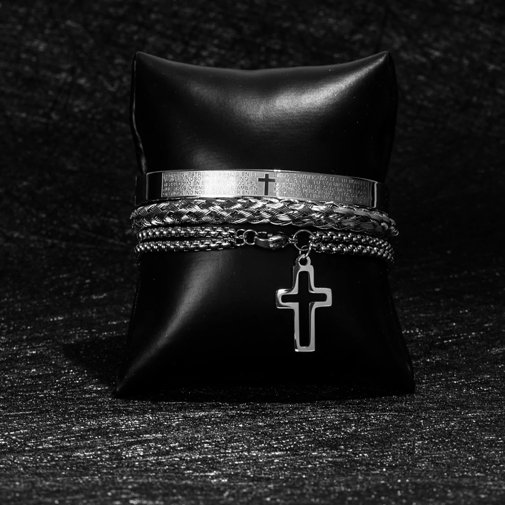 Luxury 3pcs/Set Stainless Steel Cross Bracelet  Men Jewelry Charm Open Brangle Carving Spanish Scripture Pulseira Bileklik