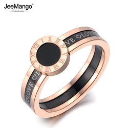 JeeMango Black Acrylic Love Roman Numerals Wedding Rings For Women Rose Gold Color Titanium Stainless Steel Ring Jewelry JR19060