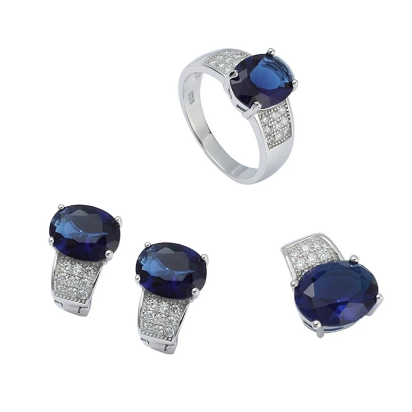 Eulonvan vintage 925 sterling silver luxury women wedding jewelry sets (ring/earring/pendant) Dark Blue Cubic Zirconia S-3704set