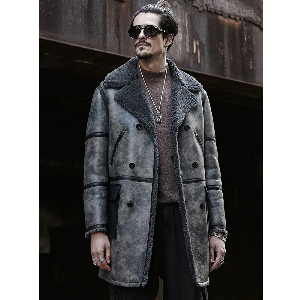 2019 New Shearling Coat Mens Gray B3 Bomber Jacket Leather Jacket Mens Winter Coats Long Fur Jacket Trench Coat