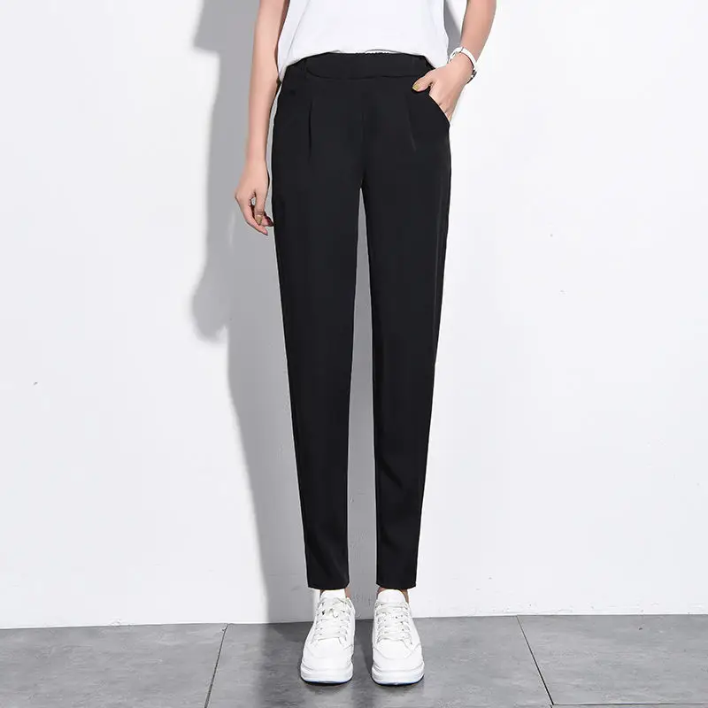 Women Casual Pants Comfort Ankle-Length Trousers Loose Office Lady Wide Leg Pants High Waist Drawstring Black