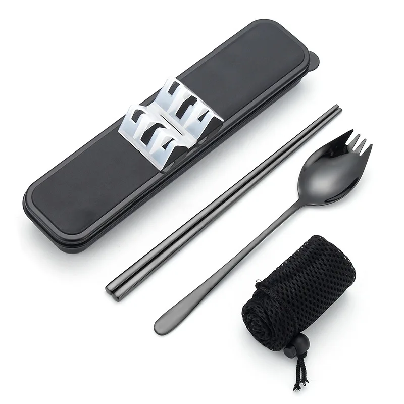 Portable Stainless Steel Spork Chopsticks Set Spoon Fork Reusable Plastic Box Cutlery Set