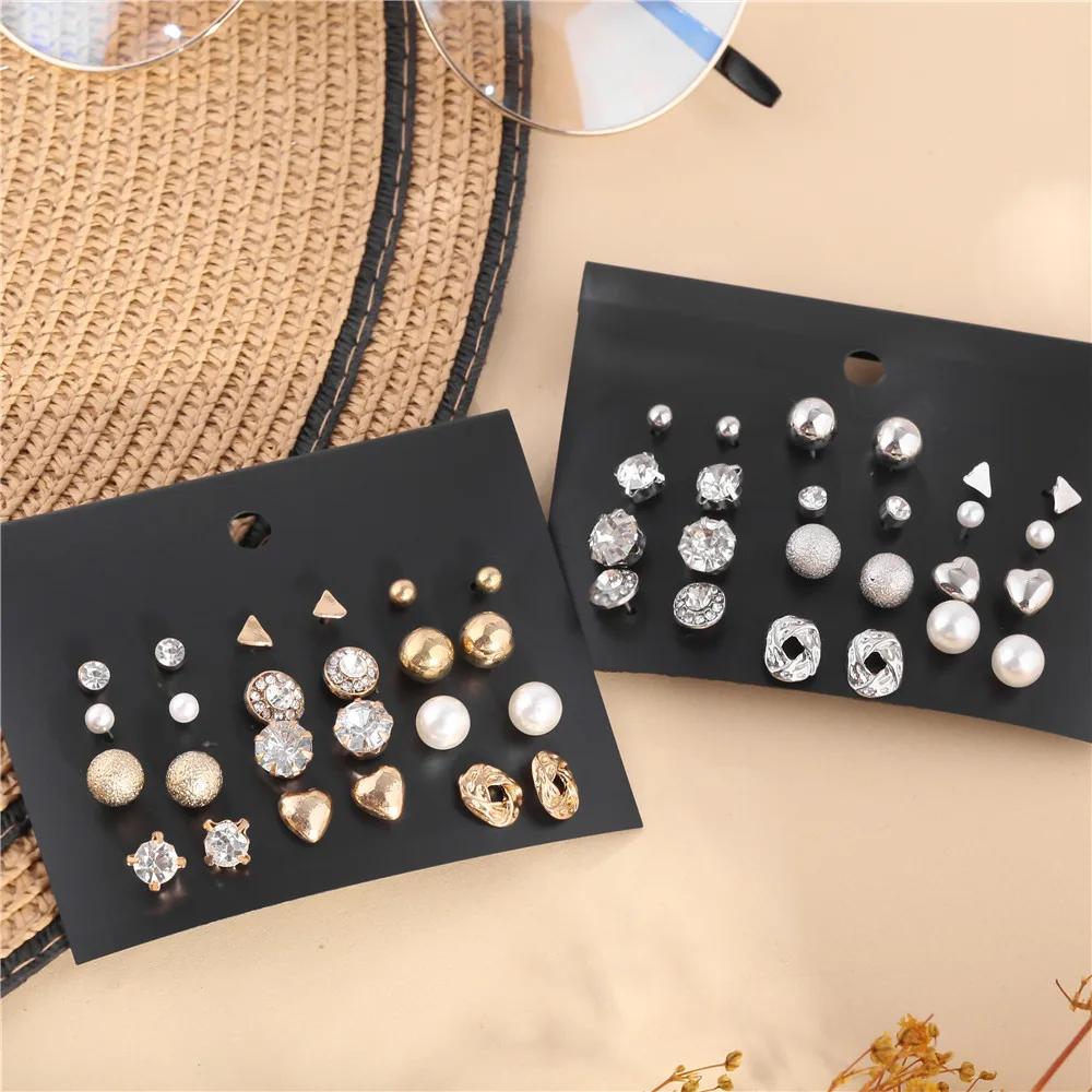 

2023 New 12 Pairs /Pack metal gold color Stud Earrings Crystal Set Piercing Earring for women Elegant Jewelry Fashion Gift