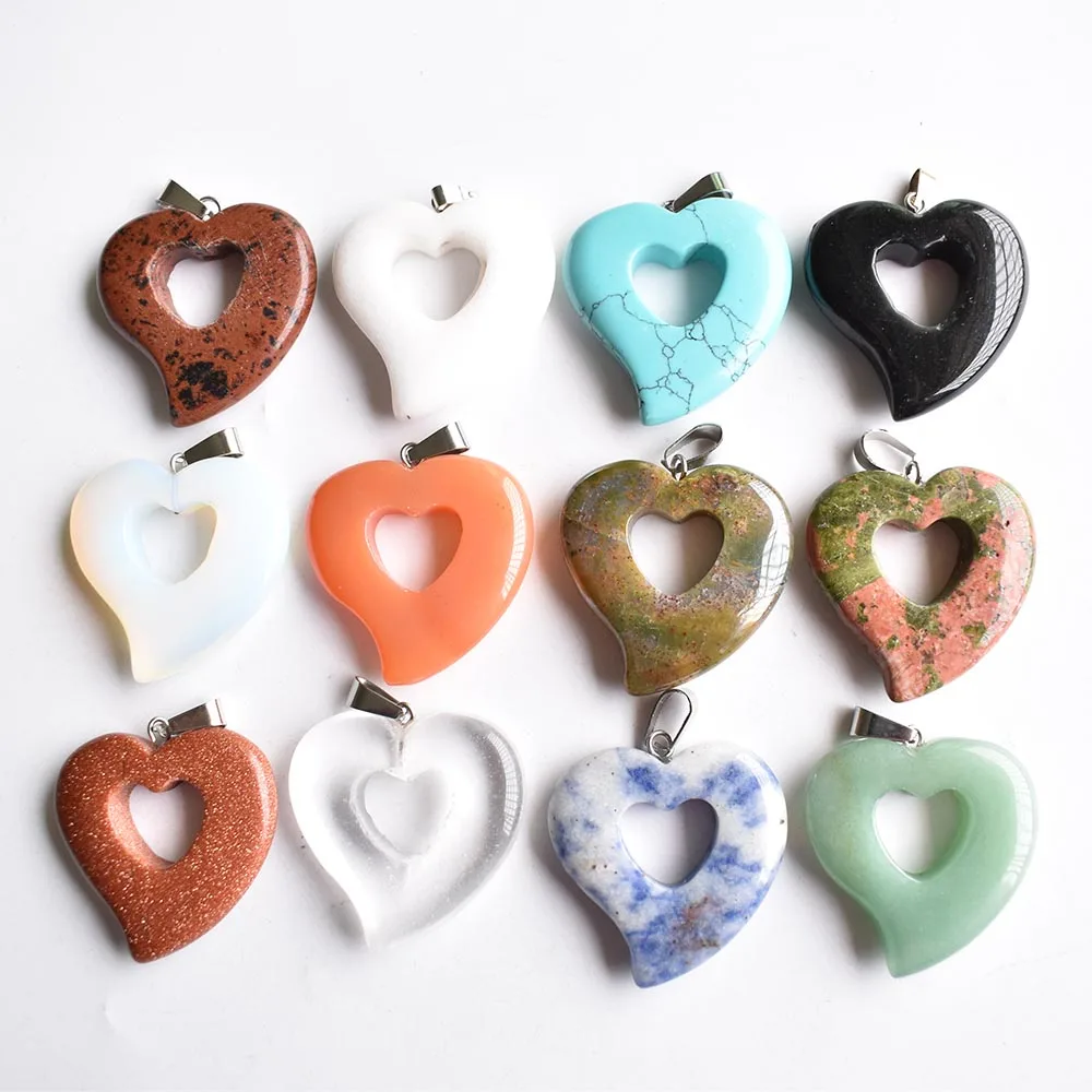 

Wholesale 12pcs/lot fashion hight quality natural stone mixed hollow curved heart charms pendants for jewelry making free