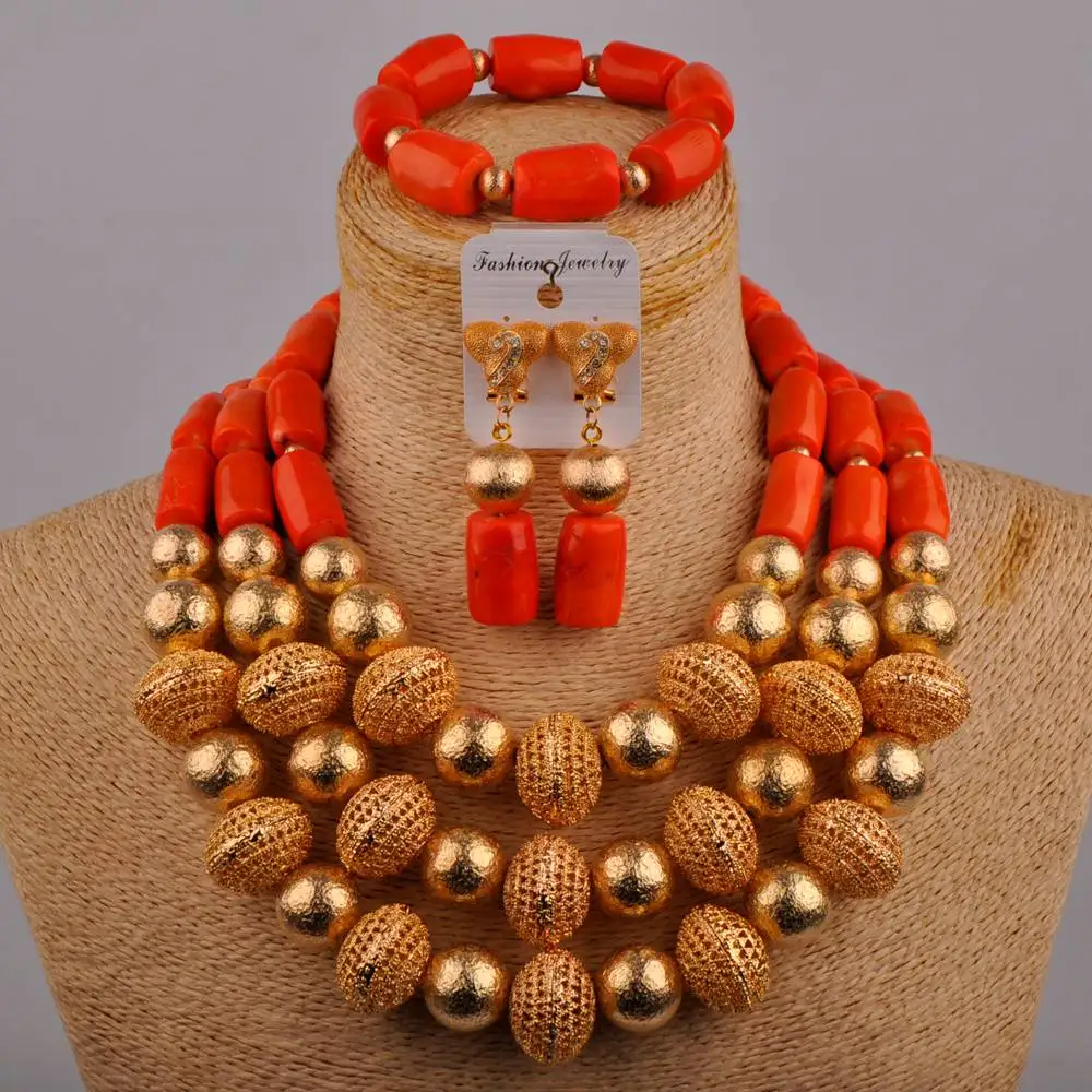 

Fashion Wedding Jewelry African Wedding Jewelry Orange Coral Bead Necklace Set Nigeria Bride Wedding Dress Accessories AU-263