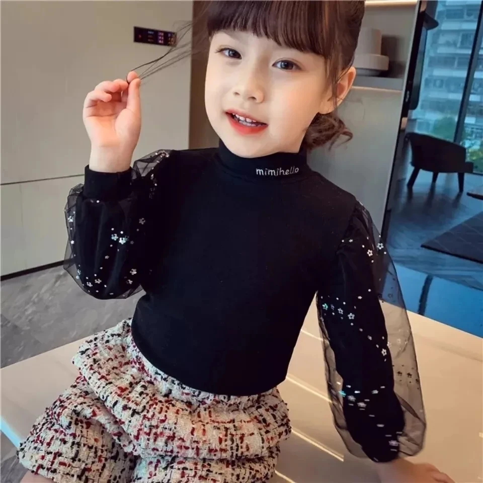 1-6T Girls Puff Sleeve Bottoming Shirt Girl Baby New Net Yarn Long-sleeved White T-shirt Autumn Clothes Outer Top