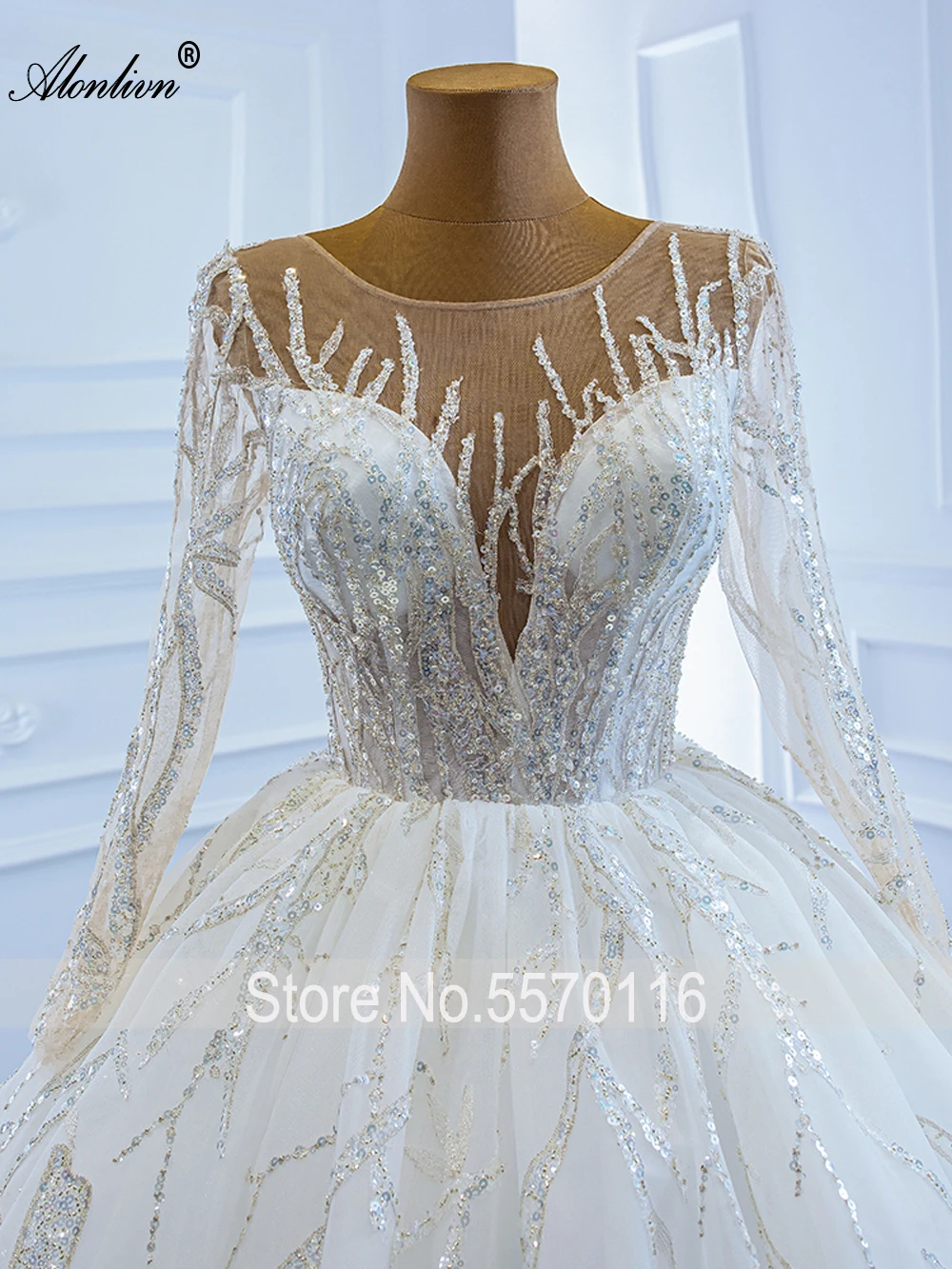 Alonlivn High-end Scoop Neckline Of Sequin lace Line Wedding Dress With Full Sleeve  Vestido de Noiva Court Train