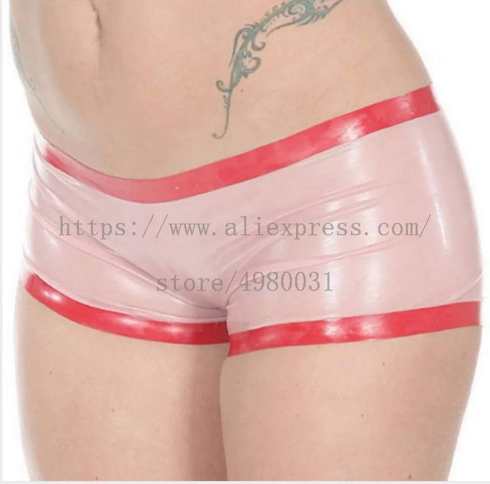 

Made of 0.4mm natural & flexible latex bondage underwear transparent pink women latex shorts decoratived with red trims