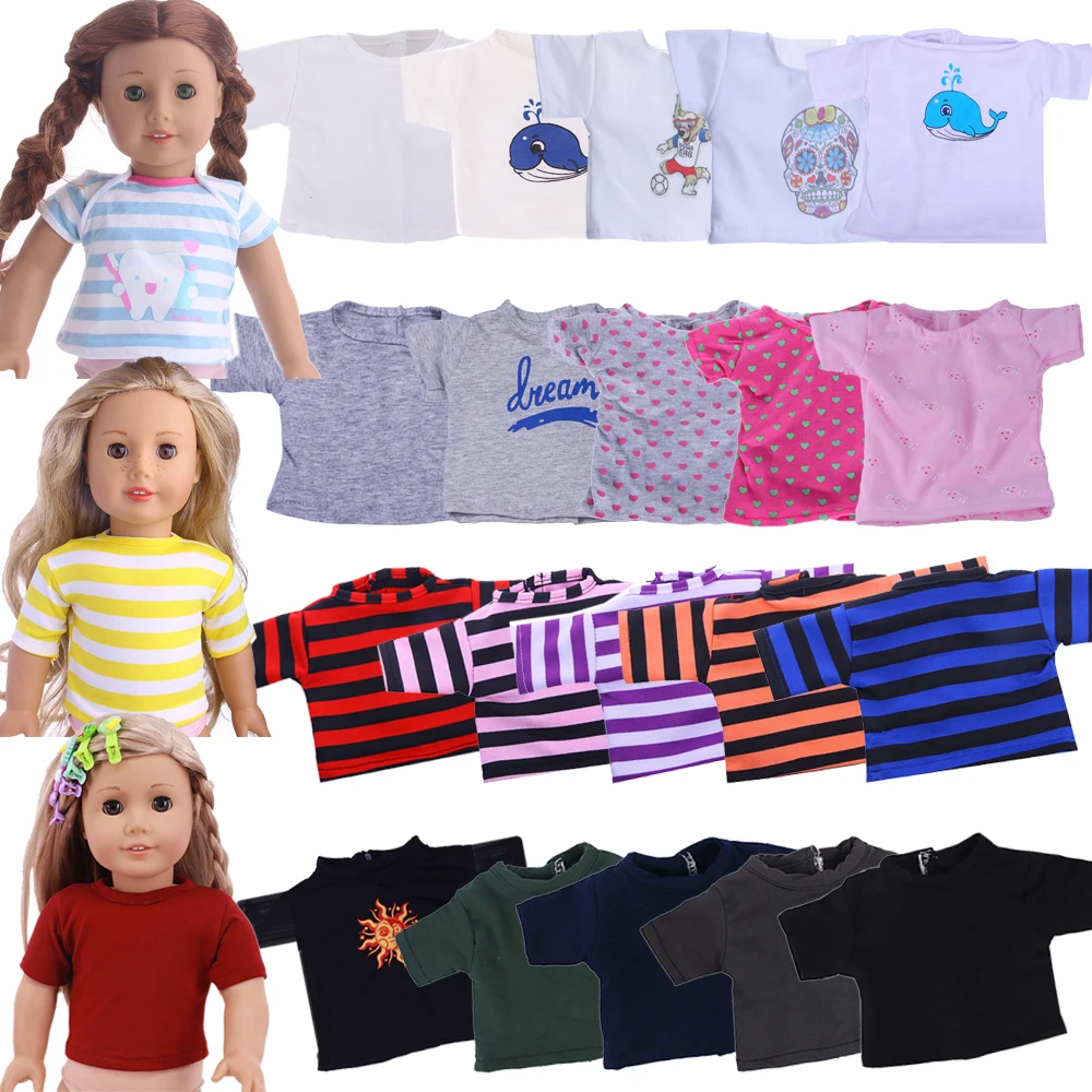 Boneca roupas de algodão listrado camiseta, unissex curto topo, ajuste 18 Polegada americano & 43cm bebê renascer boneca acessórios, geração