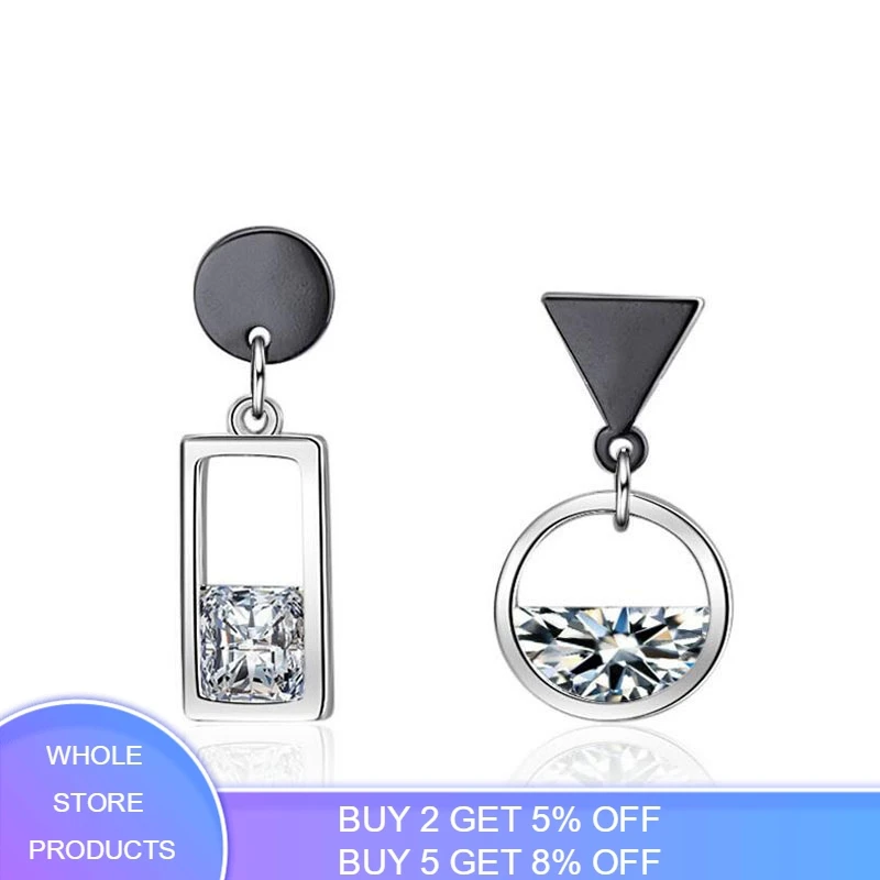 Fashion 925 SIlver Needle Earrings For Women Asymmetric Water Zircon Gun Black Color Circle Square Tassel Earring Pendientes