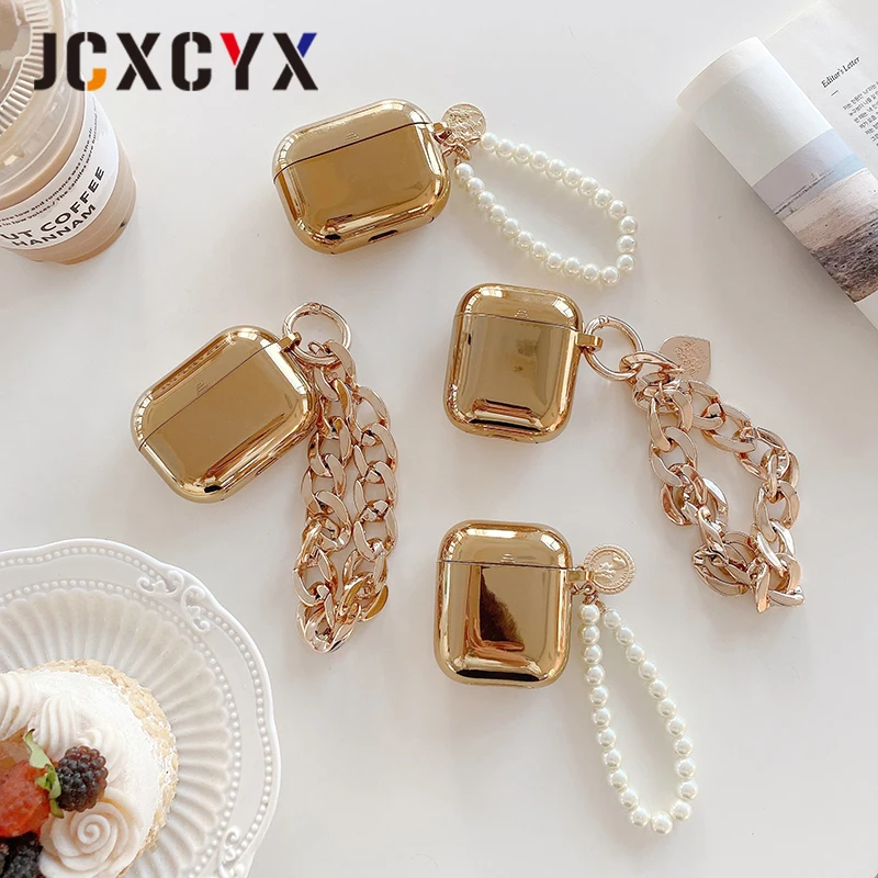 الذهب تصفيح اللؤلؤ عملة سوار سلسلة المفاتيح سماعة بلوتوث لاسلكية لينة الحال بالنسبة أبل AirPods 1 2 غطاء ل airpods برو